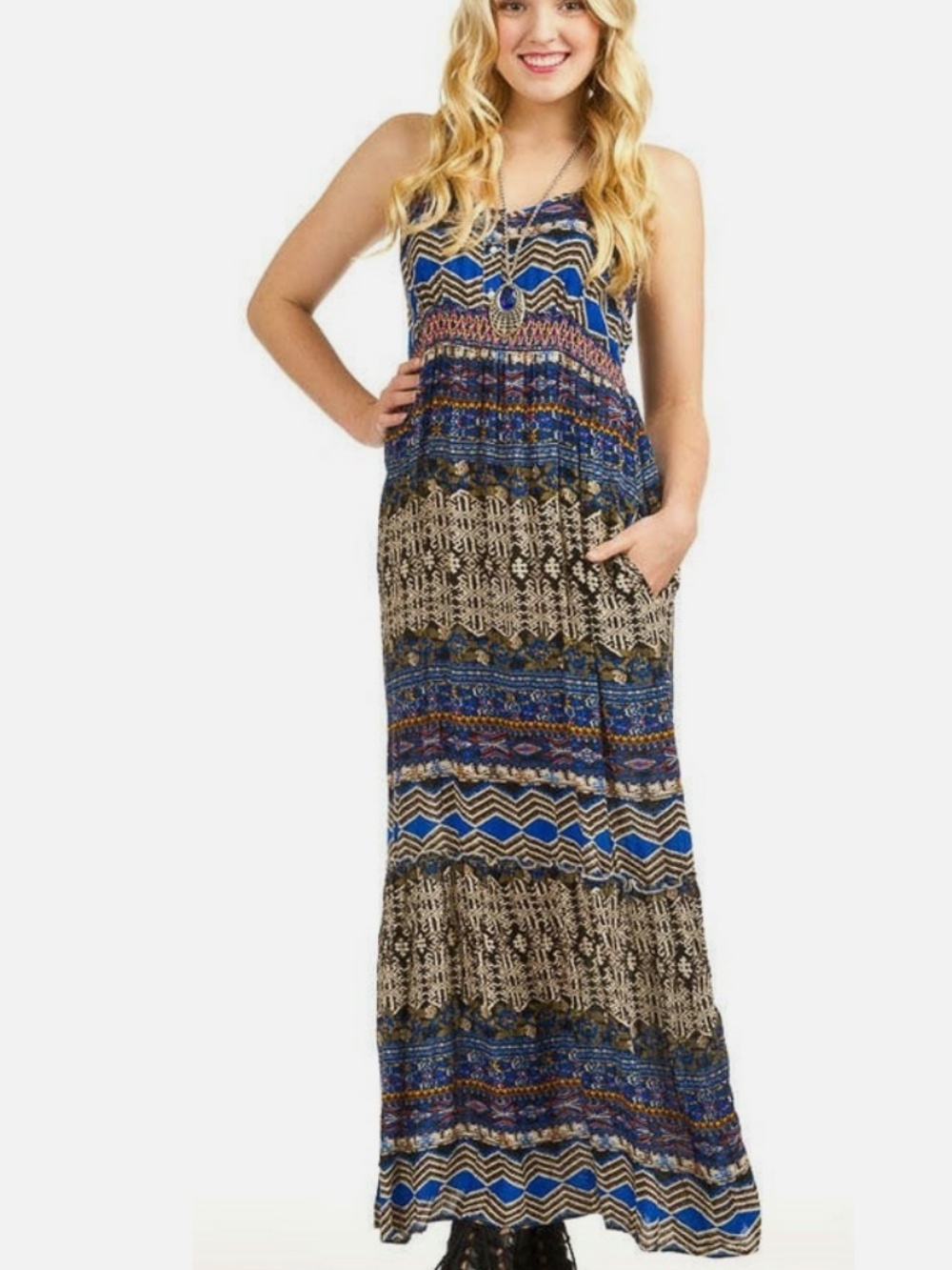 Papillon Blue Patterned Maxi Sundress with Pockets